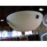 A large Art Deco ceiling shade in acid etched glass with moulded frieze with original chains and