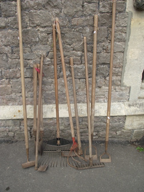 A small collection of garden hand tools with mainly long ash wood handles