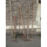 A small collection of garden hand tools with mainly long ash wood handles