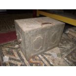 A 19th century cast iron strongbox/safe with side carrying handles and hinged lid and later