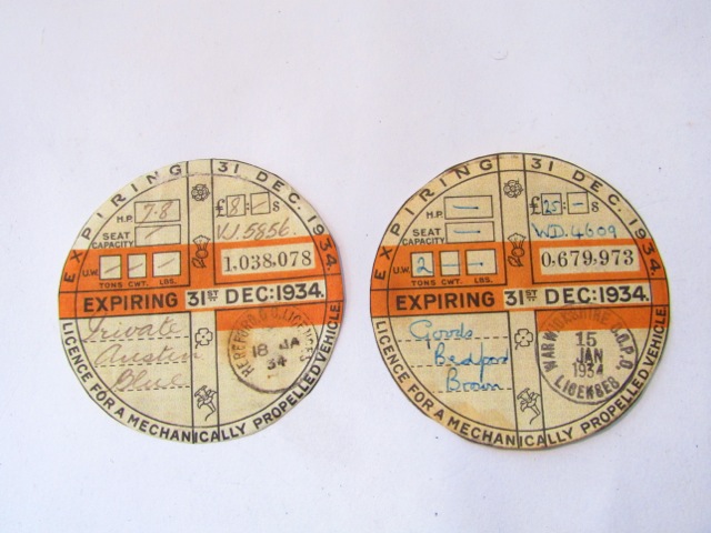 Two early road tax discs for mechanically propelled vehicles, both expiring 31st December 1934
