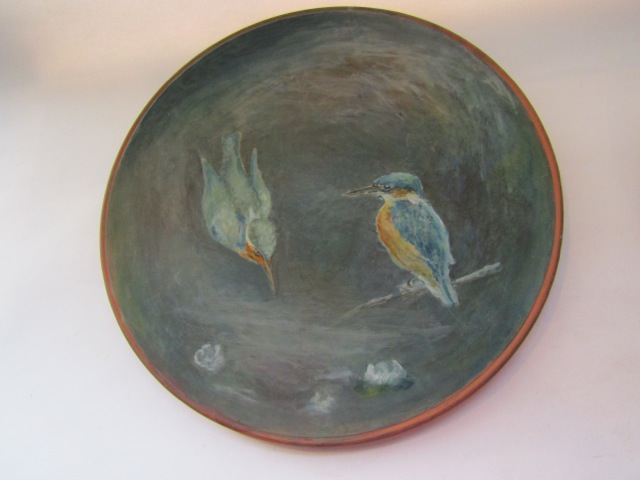 A late 19th century Torquay Longpark terracotta charger with painted kingfisher decoration and - Image 2 of 2