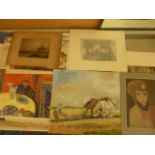A quantity of pictures and prints including a pastel study of a team of heavy horses pulling a