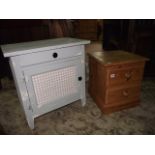 A small stripped pine two drawer bedroom chest, together with a further low side cupboard enclosed