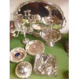 A silver plated tray of oval form with pierced shaped sides together with a centre piece in the form