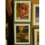 A set of three reproduction coloured prints of early 20th century style cycling scenes, including