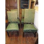 Four similar antique carolean style dining chairs with upholstered seats and rectangular padded