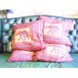 Four square Indian style feather filled loose cushions, velvet backed with central elephant within