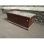 A 19th century shallow stained pine box with hinged lid and iron work carrying handles