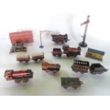A quantity of antique 0 gauge model railway effects to include a tin plated engine stamped to