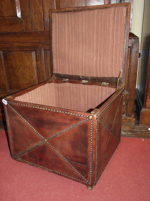 An old English style tan leather clad box stool with hinged lid and applied brass studwork detail - Image 2 of 2