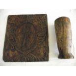 A reclaimed antique oak panel of rectangular form with carved central oval medallion with Saint ?