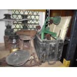 A vintage stained pine tool chest with hinged lid enclosing various vintage woodworkers and plumbers