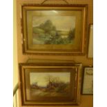 A pair of early 20th century watercolours of a landscape with sheep and a river landscape with