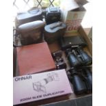 A box containing a selection of binoculars to include Bakelite opera glasses stamped Kershaw Tivoli,
