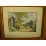 A 20th century watercolour of a village street scene, signed bottom right Elsie Hayward and with