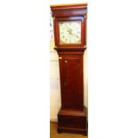 A 19th century Cottage longcase clock, the oak case enclosing a square painted dial, 30-hour