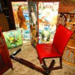 An Art Deco oak occasional chair with red rexine finish, a three-fold decoupage screen, an oak