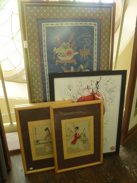 A set of three small oriental watercolours on silk of female characters together with an oriental