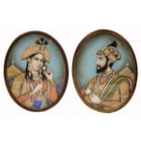 A pair of late 19th century Indian miniature portraits of oval form showing Shah Jehan of Agra and