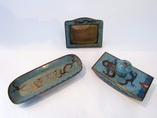 A cloisonne enamel three piece desk set each in a blue colour-way with withering dragon detail,