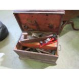 A small vintage stained pine carpenters box and contents