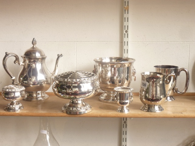 Silver plated wares to include a footed rose bowl, a footed ice bowl, tankards, hot water pot, etc