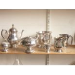 Silver plated wares to include a footed rose bowl, a footed ice bowl, tankards, hot water pot, etc