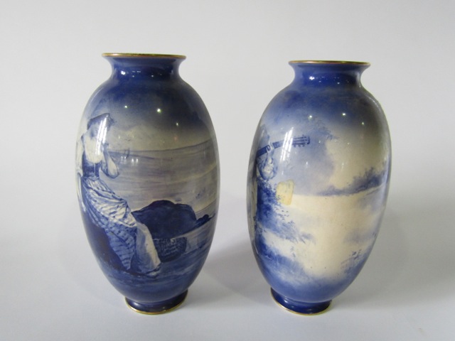 A pair of large early 20th century Royal Doulton blue and white printed vases, one showing a coastal - Image 4 of 4