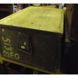 A vintage painted pine framed trunk/crate with loose lid and side carrying handles, the lid with