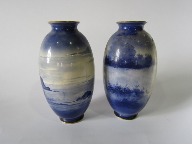 A pair of large early 20th century Royal Doulton blue and white printed vases, one showing a coastal - Image 3 of 4