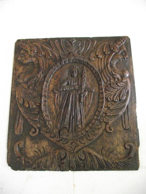 A reclaimed antique oak panel of rectangular form with carved central oval medallion with Saint ? - Image 2 of 4