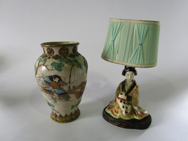 A late 19th century Japanese Kyoto type vase with relief moulded and painted decoration of male