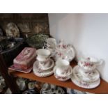 A six place Royal Albert Lavender Rose pattern tea service including teapot, milk jug and sugar