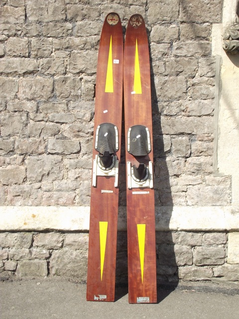 A pair of vintage Borden Estuary brand wooden water skis