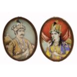 A pair of late 19th century Indian portrait miniatures of oval form showing Emperor Jahangir and