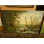 A large oil painting on canvas of a woodland scene with river, signed bottom right T.S Leroy?