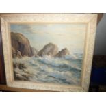 A 20th century oil painting on canvas by William F Piper showing a stormy Cornish coastal scene,