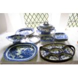 A collection of 19th century blue and white printed ceramics including a large Spode two handled