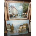 An oil painting on canvas of a Parisian style street scene, indistinctly signed bottom right