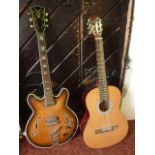 A vintage Vox electric guitar in polished timber with mother of pearl inlay, etc, together with an