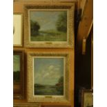 A pair of oil paintings on canvas by Denise Jameson, one showing a peaceful landscape with distant