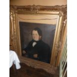 A 19th century oil painting on canvas half length portrait of a seated portly gentleman in black