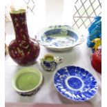 A collection of oriental ceramics comprising an open dish with shaped rim and painted pagoda and