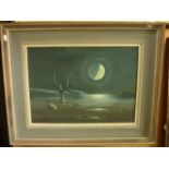 An unusual oil painting on board in the surrealist manner showing a beach scene with outsized shell,