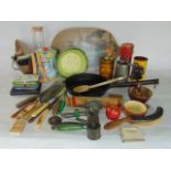 A box containing an assortment of 20th century kitchenalia to include sundry printed tins, rolling