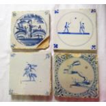 Four 19th century Delft type tin glazed earthenware tiles with blue and white painted decoration