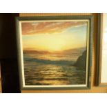 A contemporary oil painting on canvas by Andrew Giddens showing a coastal scene at sunset with