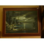 An oil painting on canvas of a tropical shore scene by moonlight with figure, palm trees, etc,