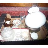 A small miscellaneous collection to include a copper based oil burning lamp with clear glass chimney